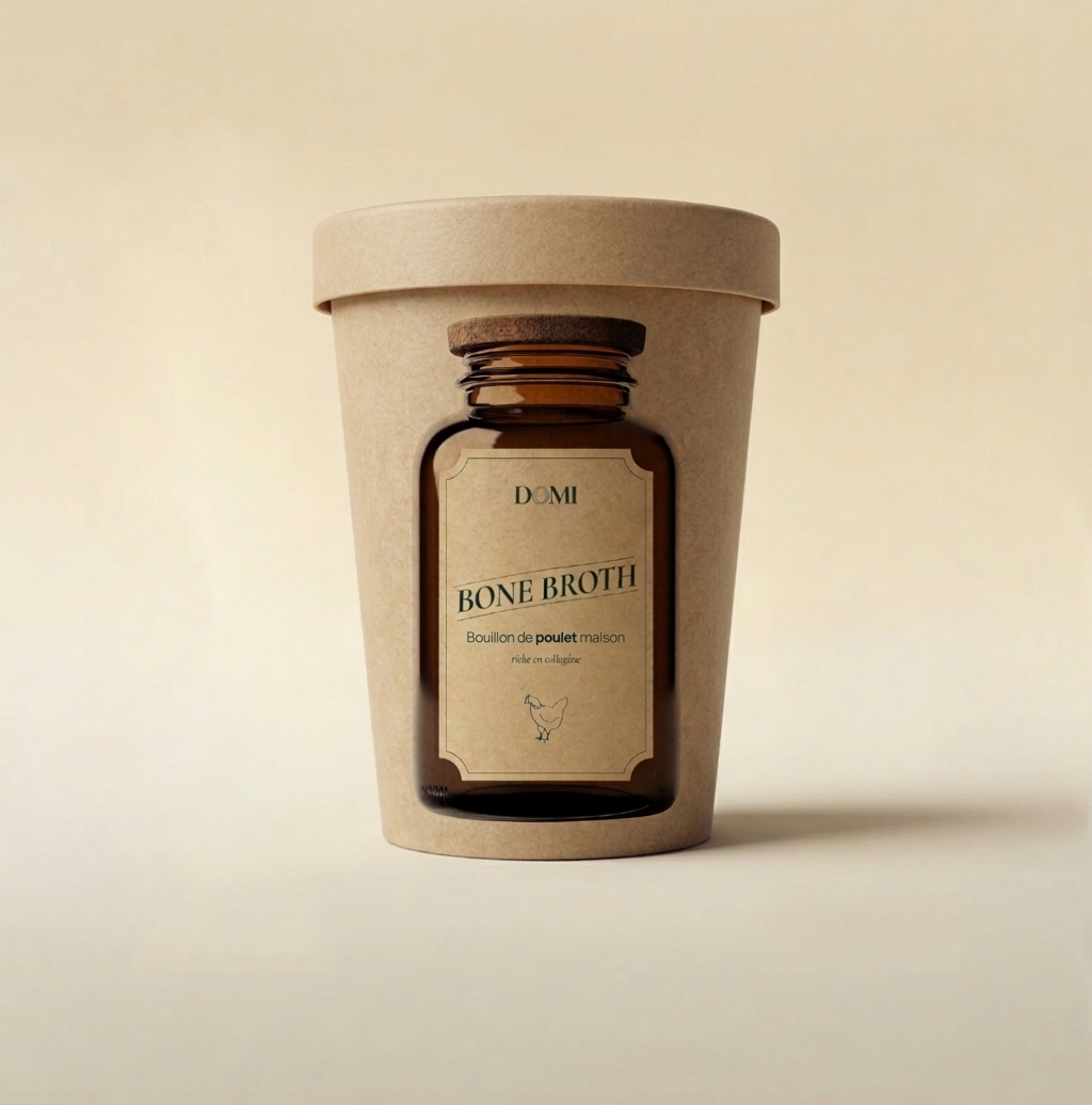 Gobelet kraft Domi Bone Broth, bouillon de poulet maison riche en collagène.